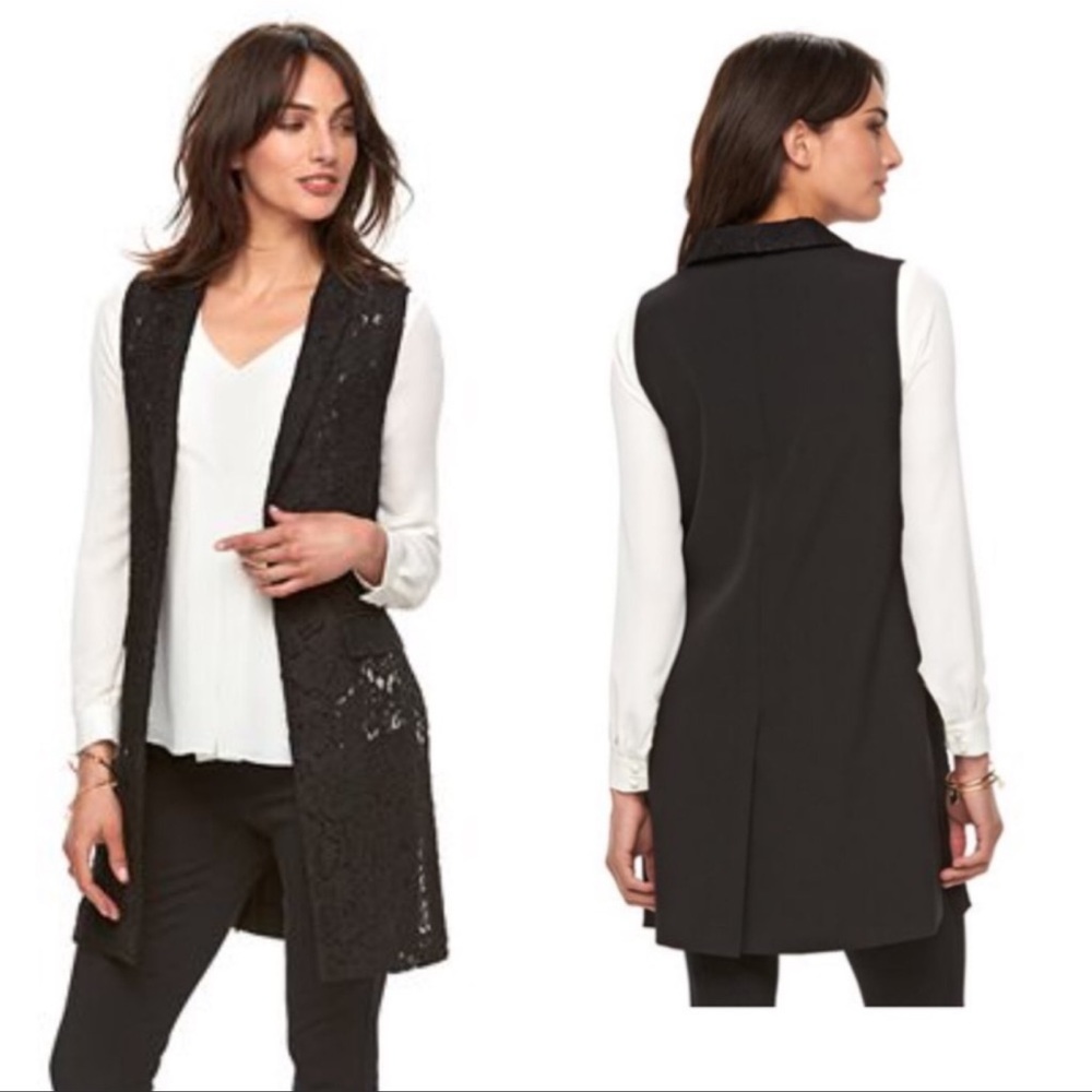 ELLE Black Sheer Lace Front Long Vest Women’s Medium